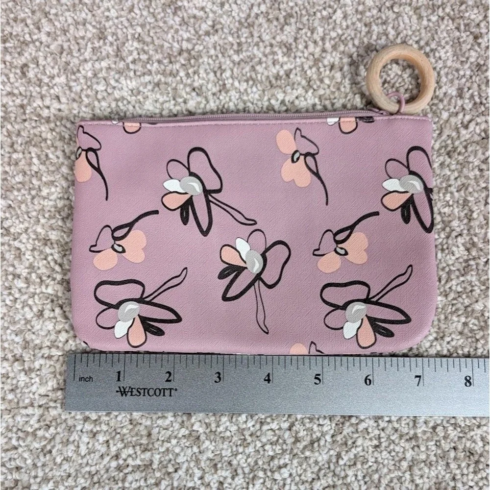 IPSY Lavender Floral Makeup Bag Pouch Cosmetic Zipper Bag Wooden Ring Charm
